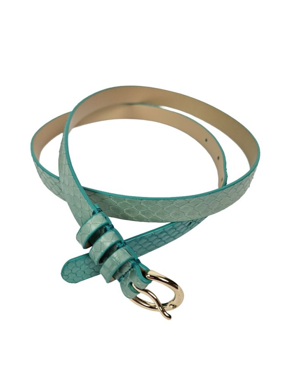 J. Crew Triple Loop Turquoise Snake Embossed Leather Skinny Belt S A8107 - Picture 1 of 7